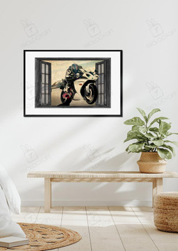 Motorcycle Riding Through Window For Garage Decor Motobike Retro Print Rider Framed Matte Canvas 16x24