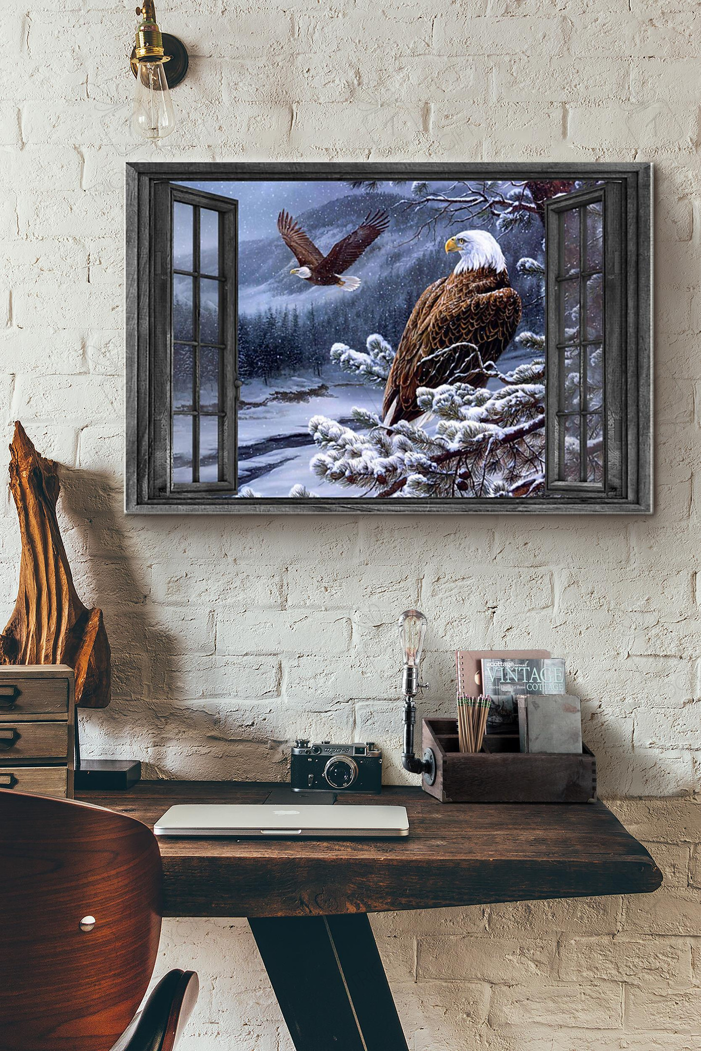 Window Flying Eagle In Winter Forest Canvas Painting Ideas, Canvas Hanging Prints, Gift Idea Framed Prints, Canvas Paintings Wrapped Canvas 8x10