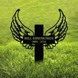 Cross With Wings, Custom Memorial Stake, Cross Stake, Metal Stake With Solar LED Light, Sympathy Gift, Garden Sign, Grave Marker    Without LED 14 inches