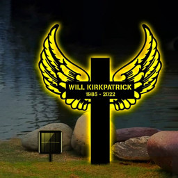 Cross With Wings, Custom Memorial Stake, Cross Stake, Metal Stake With Solar LED Light, Sympathy Gift, Garden Sign, Grave Marker    Without LED 18 inches