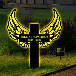 Cross With Wings, Custom Memorial Stake, Cross Stake, Metal Stake With Solar LED Light, Sympathy Gift, Garden Sign, Grave Marker    Without LED 36 inches