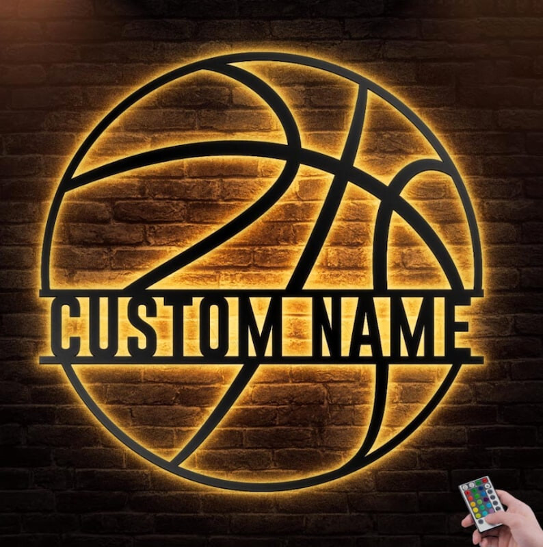 Custom Basketball Metal Sign Wall Art With Led RGB Lights, Personalized Basketball Player Name Sign Decoration, Sport Sign Decor    Without LED 18 inches