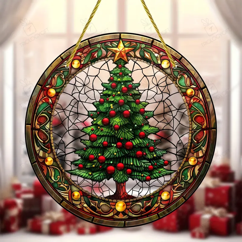 Christmas Tree Stained Glass Suncatcher Round Acrylic Window Hanging ...