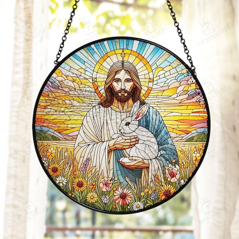 Jesus Christ Hugging Rabbit Dog Stained GLASS Suncatcher, Jesus Christ ...