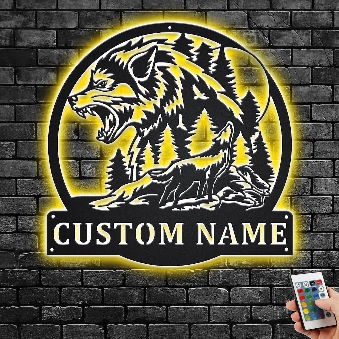 Custom Mountain Wolf Cut Metal Sign With LED Light, Personalized Wolf ...