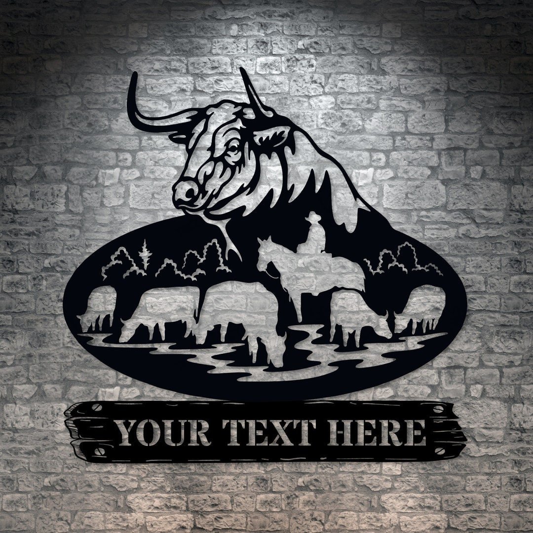 Personalized Wildlife Bulls And Horse Rider In Nature Metal Sign ...