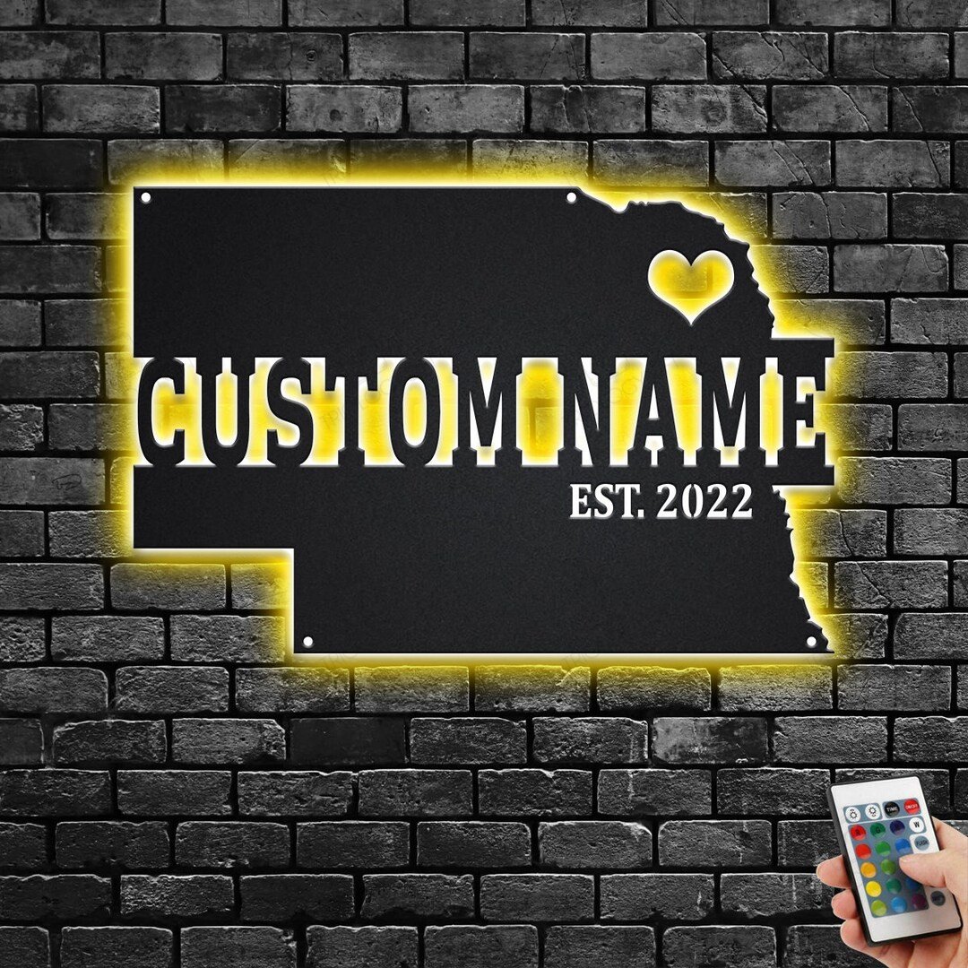 Custom Nebraska Map Cut Metal Sign With Led Light, Personalized ...