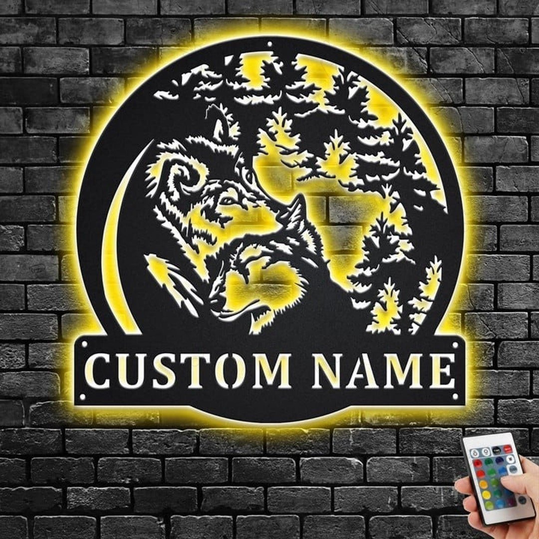 Personalized Wolf Couple Cut Metal Sign With Led Lights, Custom Wolf ...