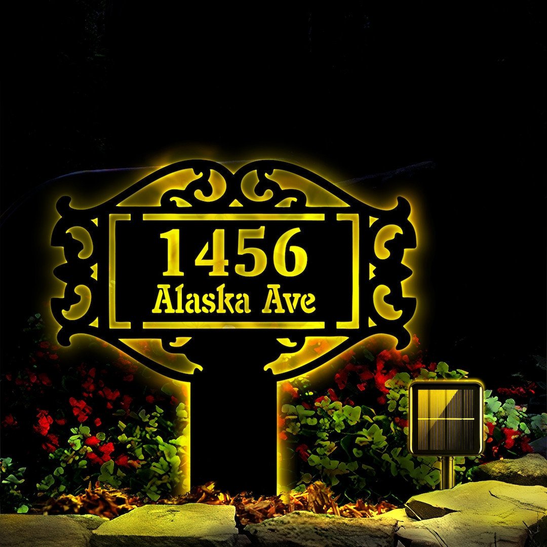 Custom Address Monograms Stake, Metal Stake With Solar LED Light, Yard ...