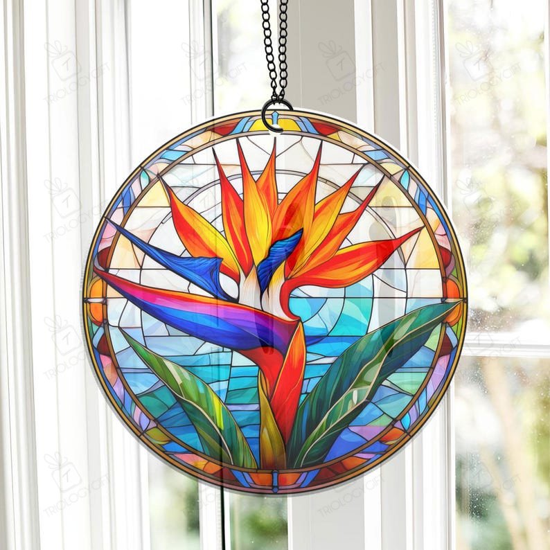 Bird Of Paradise Acrylic Suncatcher Ornament, Faux Stained Glass Style ...