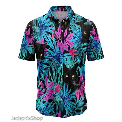 Black Cat Tropical Leaves Hawaiian Shirt