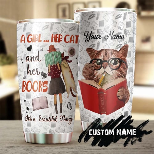 A Girl Her Cat And Her Books Personalized Stainless Steel Tumbler