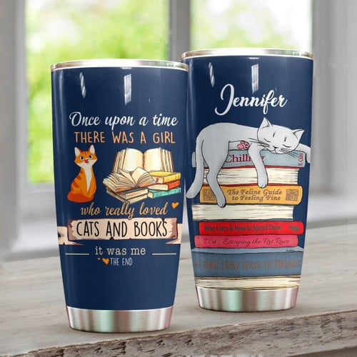 A Girl Who Really Loved Cats And Books Personalized Stainless Steel Tumbler