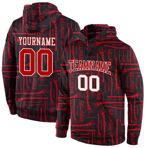 Personalized Name Number Stitched Black Red-White 3d Pattern Halloween Sports All Over Print Hoodie, Zip-Up Hoodie Dolerstore
