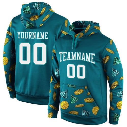Personalized Name Number Stitched Aqua White-Aqua 3d Pattern Design Sports All Over Print Hoodie, Zip-Up Hoodie Dolerstore