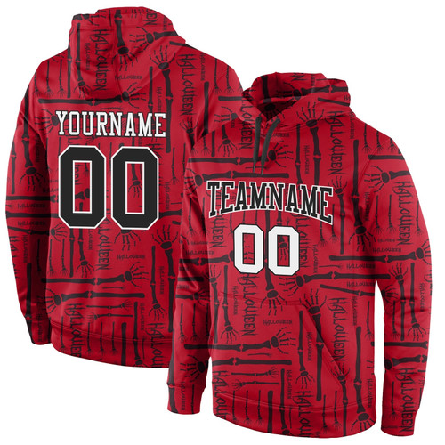 Personalized Name Number Stitched Red Black-White 3d Pattern Halloween Sports All Over Print Hoodie, Zip-Up Hoodie Dolerstore