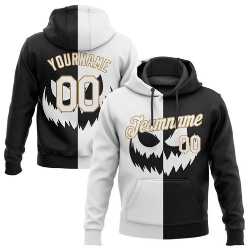 Personalized Number Stitched Black White-Old Gold 3d Pattern Scary Faces Of Halloween Pumpkin All Over Print Hoodie, Zip-Up Hoodie Dolerstore