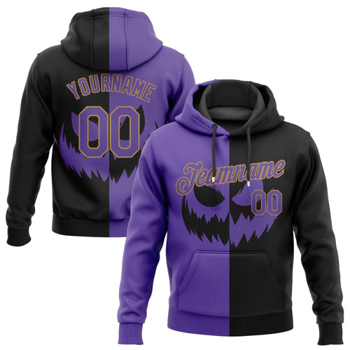 Personalized Number Stitched Black Purple-Old Gold 3d Pattern Scary Faces Of Halloween All Over Print Hoodie, Zip-Up Hoodie Dolerstore