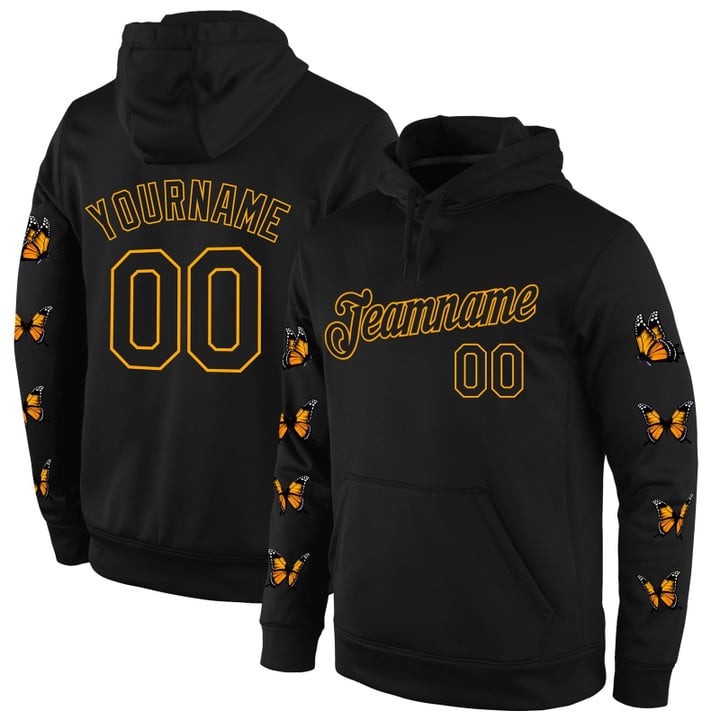 Personalized Name Number Stitched Black Black-Gold 3d Pattern Design Butterfly Sports All Over Print Hoodie, Zip-Up Hoodie Dolerstore