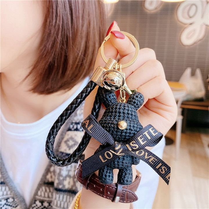 Cute Bear Key Chain Resin Bow Bell Rabbit Keychain Weaving Fashion Doll Bag Pendant Holiday Car Key Ring For Girls Gift
