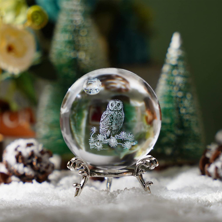 OWL 60mm 3D Laser Crystal Ball Paperweight OWL Figurines Glass Sphere Decorative Balls with Stand