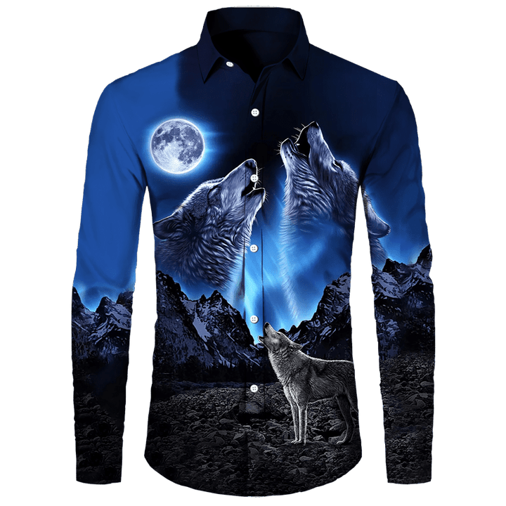 Cool Wolf 3D Print Shirts Casual Hip Hop Long Sleeve Shirts