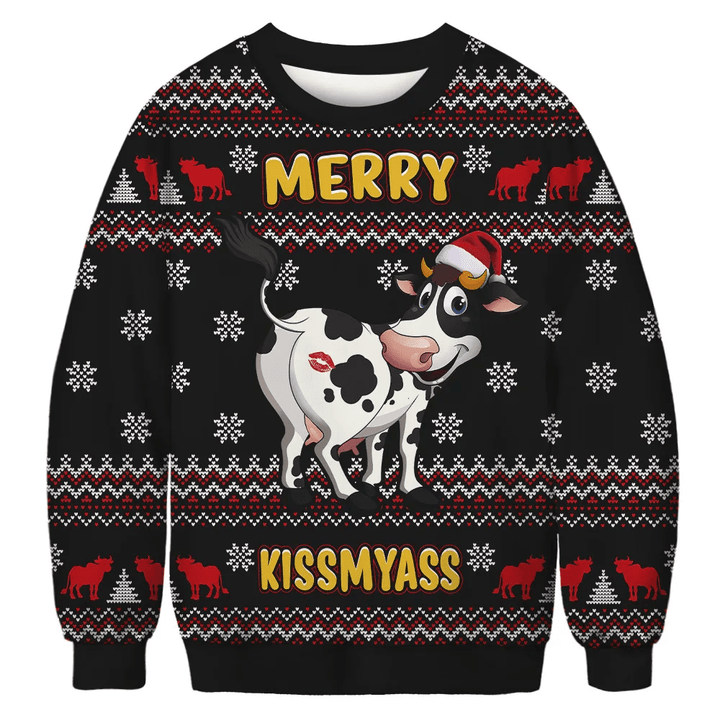 MERRY KISSMYASS Funny Cow 3D Printed Men Ugly Christmas Sweaters