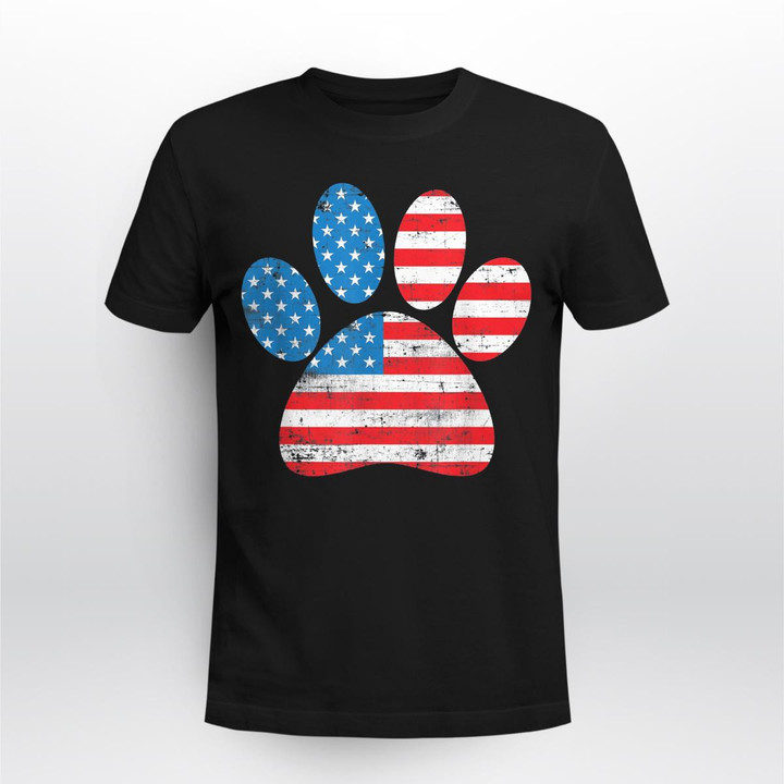 America Flag T-Shirt Dog Patriot 4th of July Paw Print Flag