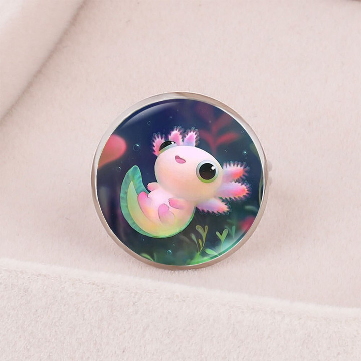 FIMAODZ Lovely Cartoon Axolotl Ring Glass Dome Fashion Animal Jewelry