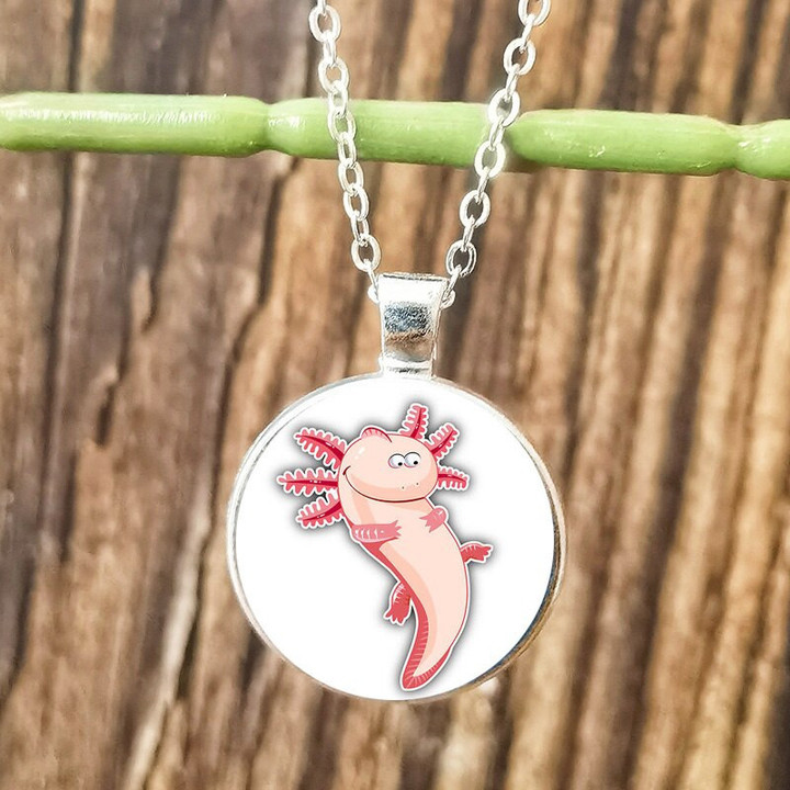 Cute Cartoon Axolotl Necklace Glass Cabochon Pendant Animal Poster Chain Necklaces for Men Women Fashion Jewelry