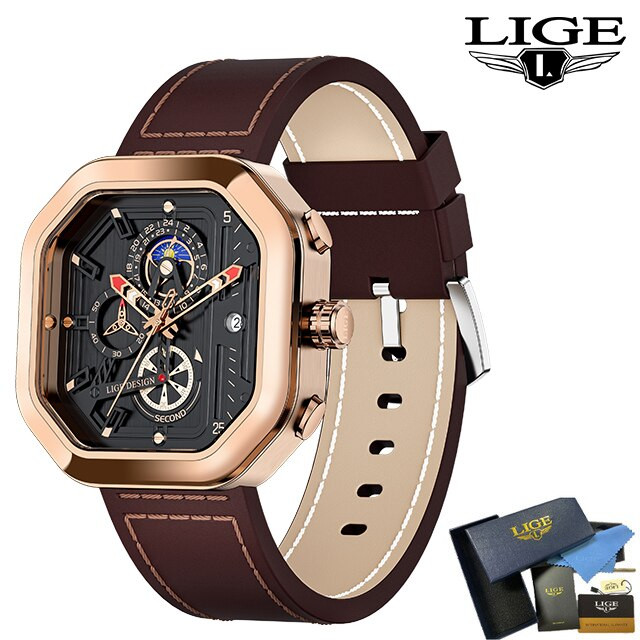 LIGE Fashion Square Dial Leather Mens Watches Luxury Sport Waterproof Watch Man Chronograph Quartz WristWatches Montre Homme+Box
