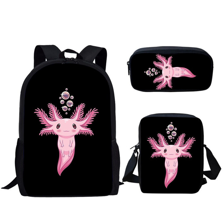 Belidome Cartoon Axolotl School Backpacks for Teen Girls Boys School Bags Set 3PCS Kid Book Bags Children School Mochila Escolar