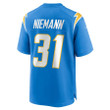 Nick Niemann 31 Los Angeles Chargers Game Player Jersey - Powder Blue