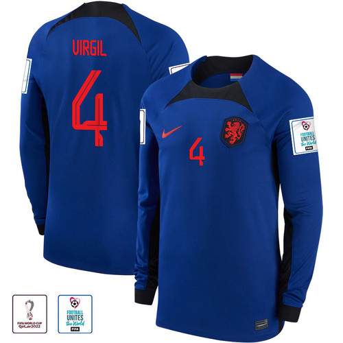 Netherlands National Team FIFA World Cup Qatar 2022 Patch Virgil Van Dijk #4 - Men Away Long Sleeve Jersey