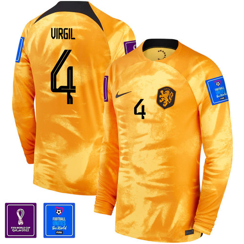 Netherlands National Team FIFA World Cup Qatar 2022 Patch Virgil Van Dijk #4 - Men Home Long Sleeve Jersey