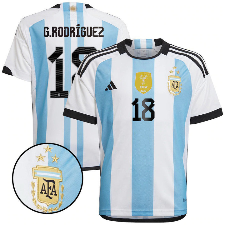 Argentina Champions Three Stars Guido Rodríguez 18 Youth Home Jersey