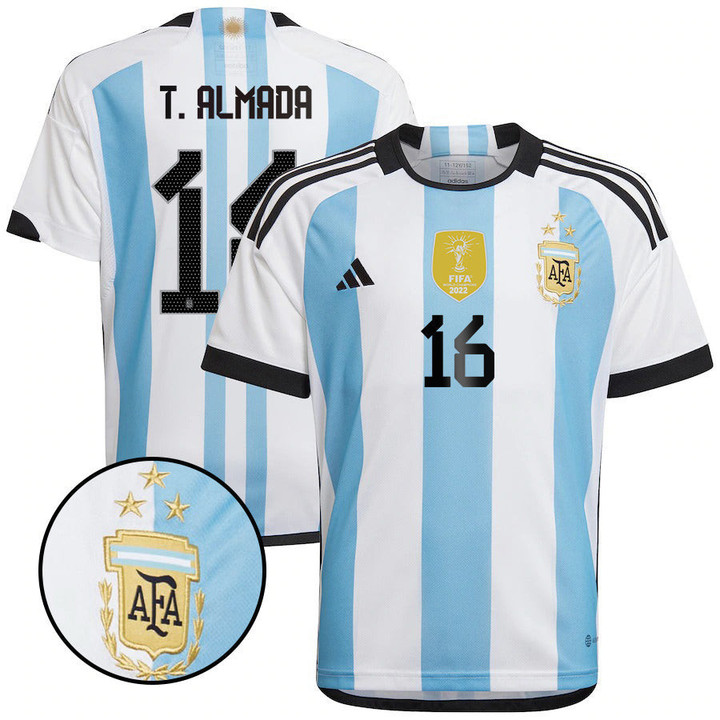 Argentina Champions Three Stars Thiago Almada 16 Youth Home Jersey
