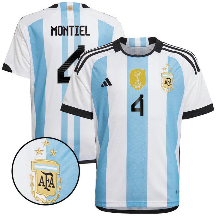 Argentina Champions Three Stars Gonzalo Montiel 4 Youth Home Jersey
