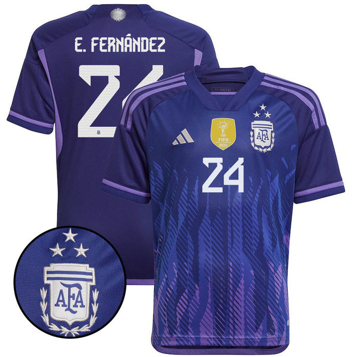 Argentina Champions Three Stars Enzo Fernández 24 Youth Away Jersey