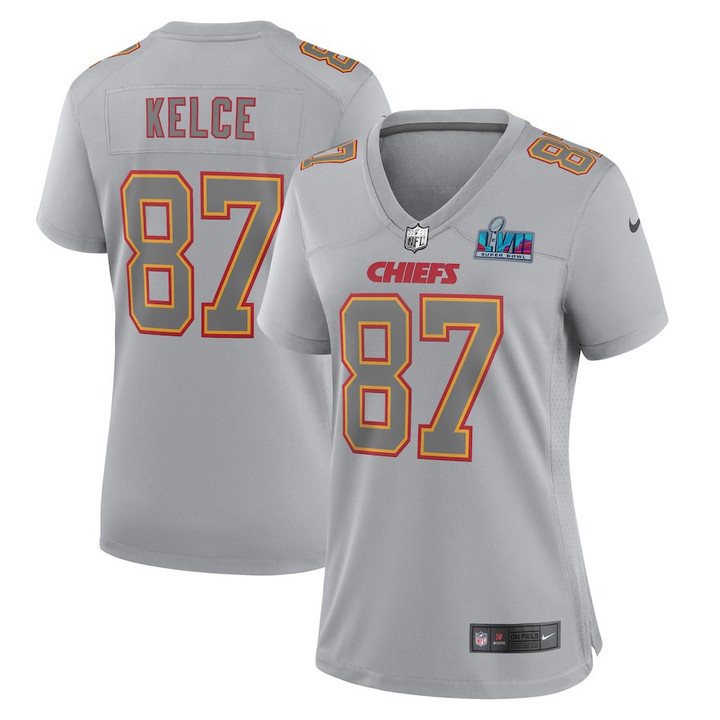 Travis Kelce 87 Kansas City Chiefs Women Super Bowl LVII Patch Atmosphere Fashion Game Jersey - Gray