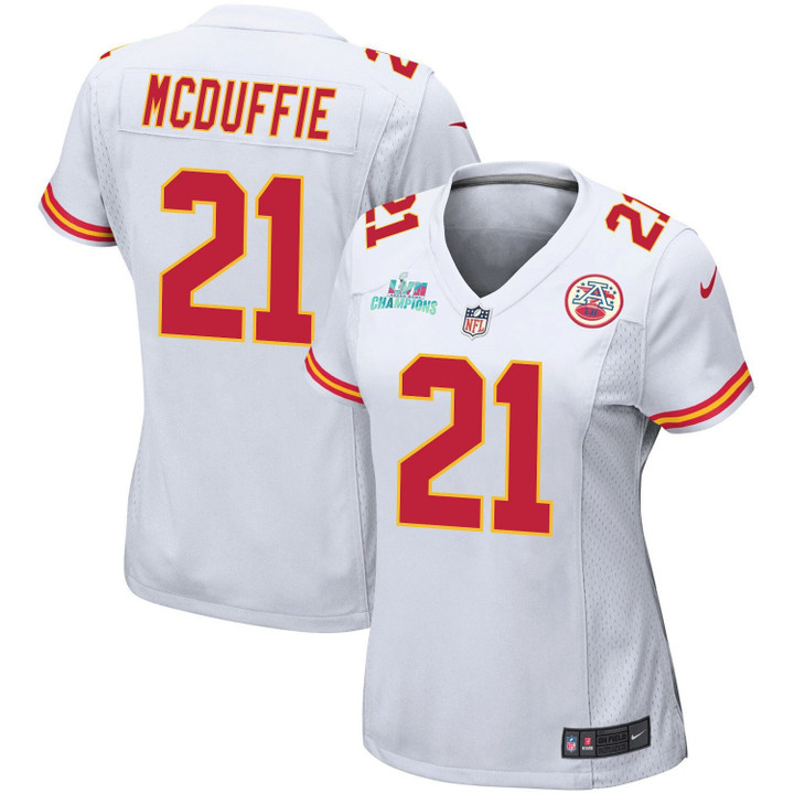 Trent McDuffie 21 Kansas City Chiefs Super Bowl LVII Champions Women Game Jersey - White