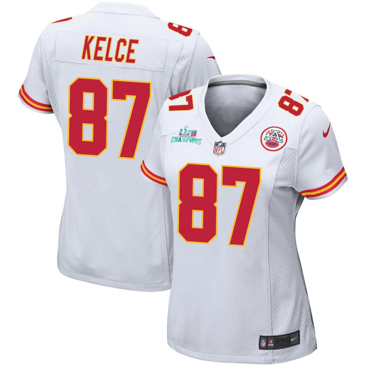 Travis Kelce 87 Kansas City Chiefs Super Bowl LVII Champions Women Game Jersey - White