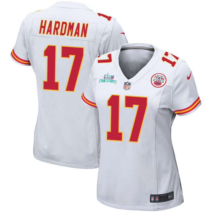 Mecole Hardman 17 Kansas City Chiefs Super Bowl LVII Champions Women Game Jersey - White