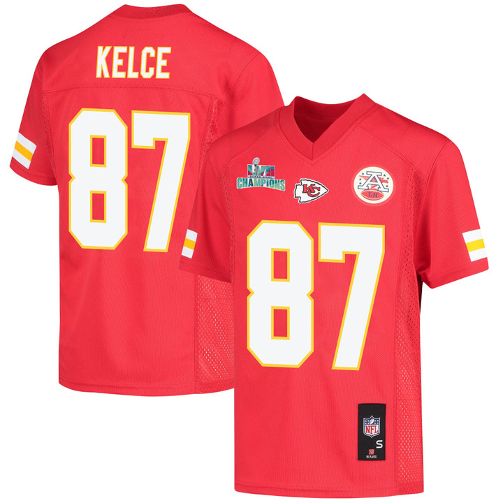 Travis Kelce 87 Kansas City Chiefs Super Bowl LVII Champions Youth Game Jersey - Red