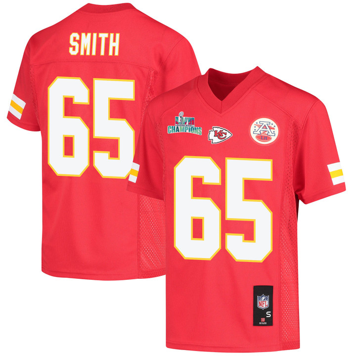 Trey Smith 65 Kansas City Chiefs Super Bowl LVII Champions Youth Game Jersey - Red