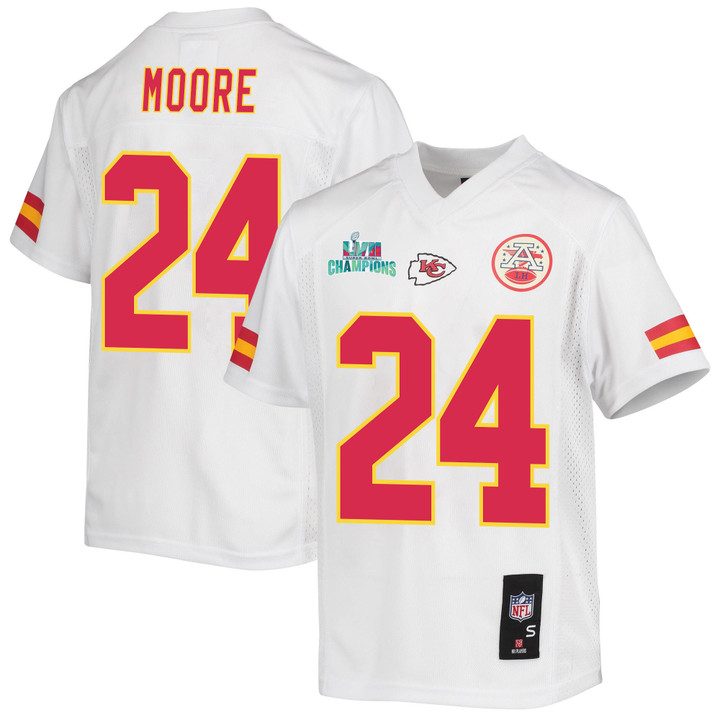 Skyy Moore 24 Kansas City Chiefs Super Bowl LVII Champions Youth Game Jersey - White