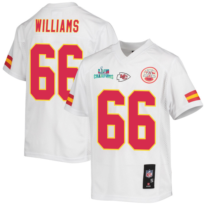 Brandon Williams 66 Kansas City Chiefs Super Bowl LVII Champions Youth Game Jersey - White