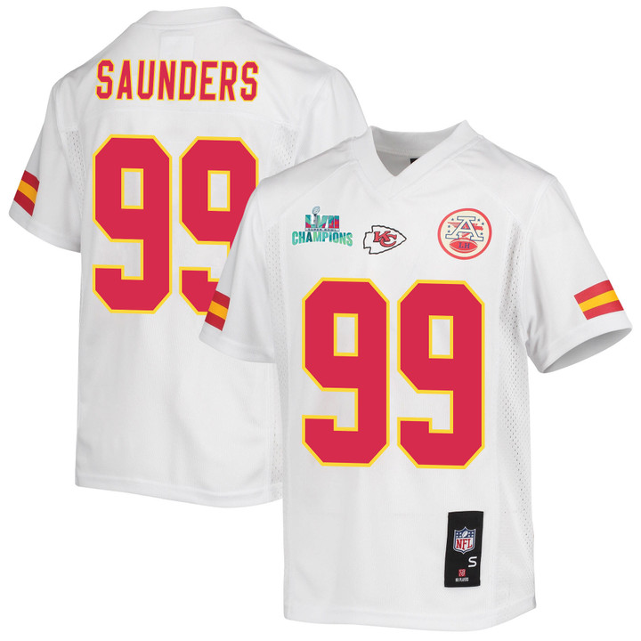 Khalen Saunders 99 Kansas City Chiefs Super Bowl LVII Champions Youth Game Jersey - White