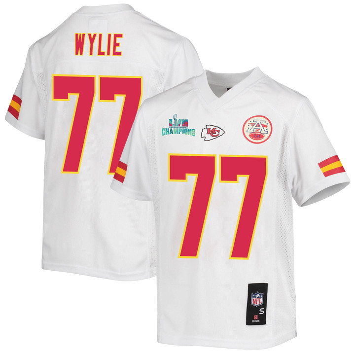 Andrew Wylie 77 Kansas City Chiefs Super Bowl LVII Champions Youth Game Jersey - White