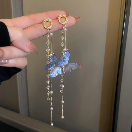 Romantic Long Butterfly Tassel Earrings for Women Delicate Blue Butterfly Pearl Dangle Earrings Wedding Party Jewelry Gift